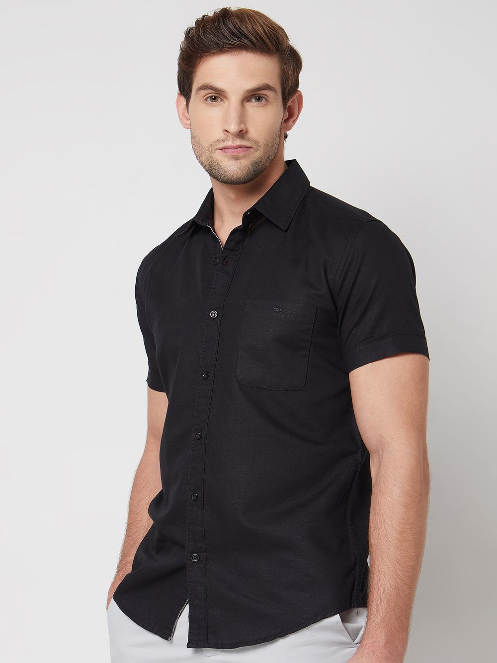 Black Cotton Linen Plain Slim Fit Casual Shirt