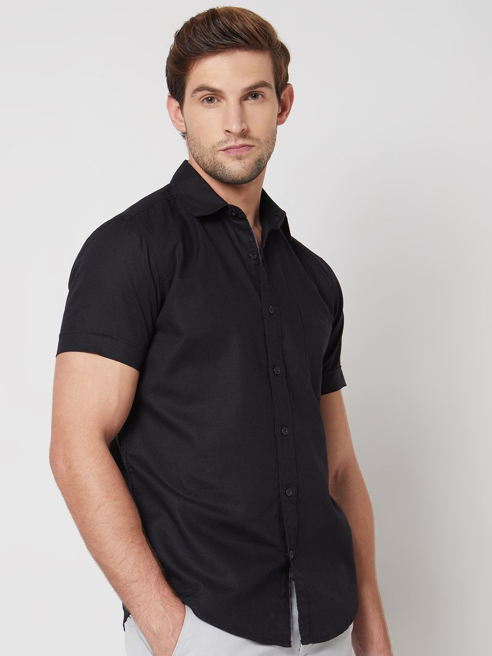 Black Cotton Linen Plain Slim Fit Casual Shirt