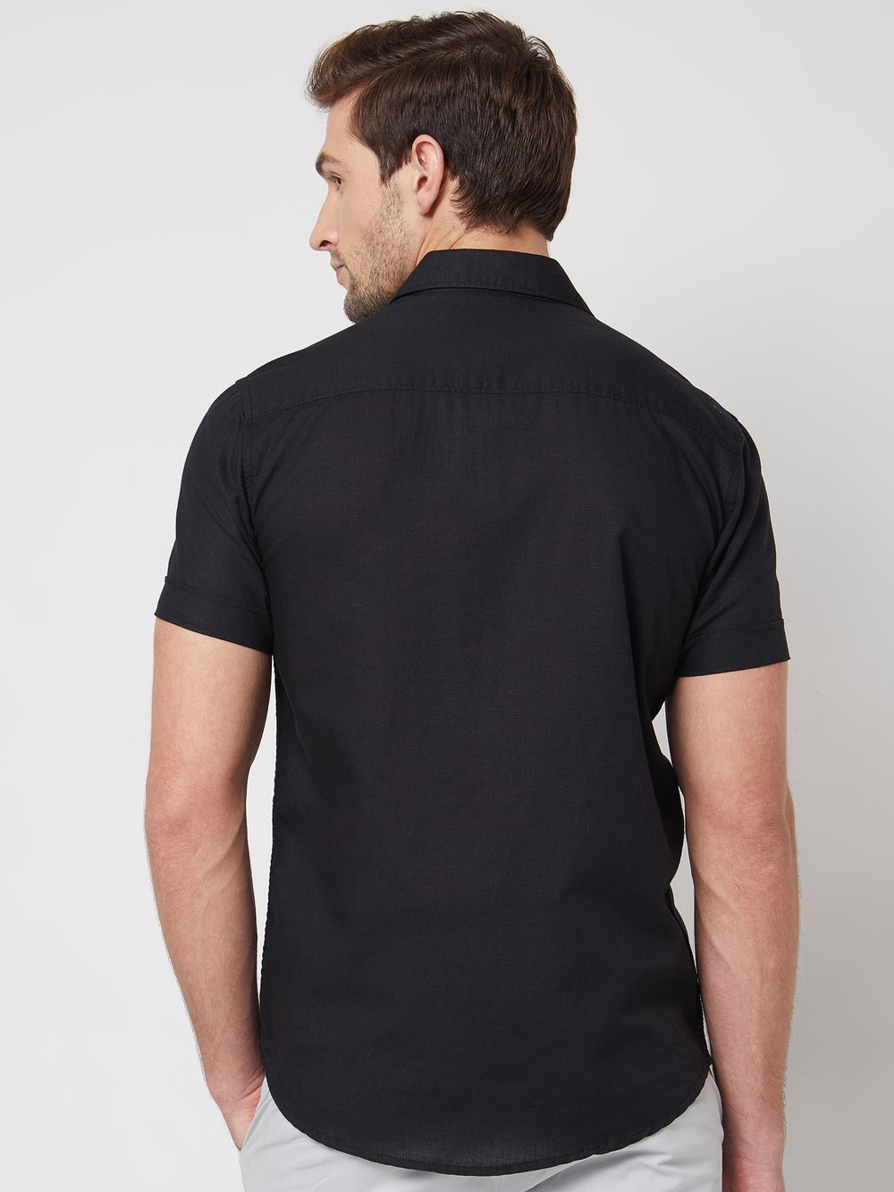 Black Cotton Linen Plain Slim Fit Casual Shirt