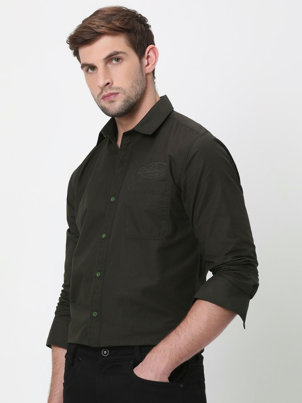 Olive Military Plain Slim Fit Casual Shirt