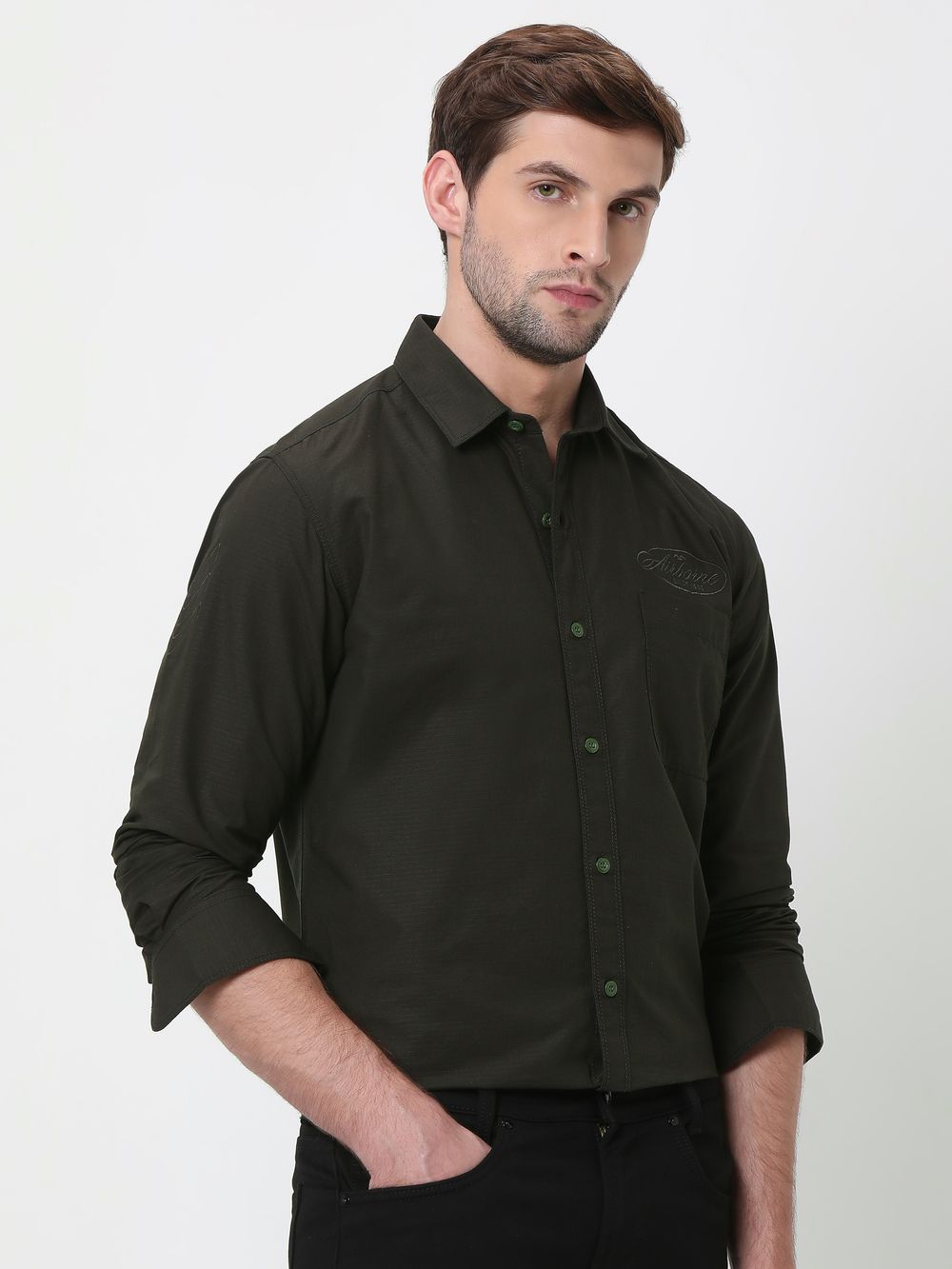 Olive Military Plain Slim Fit Casual Shirt