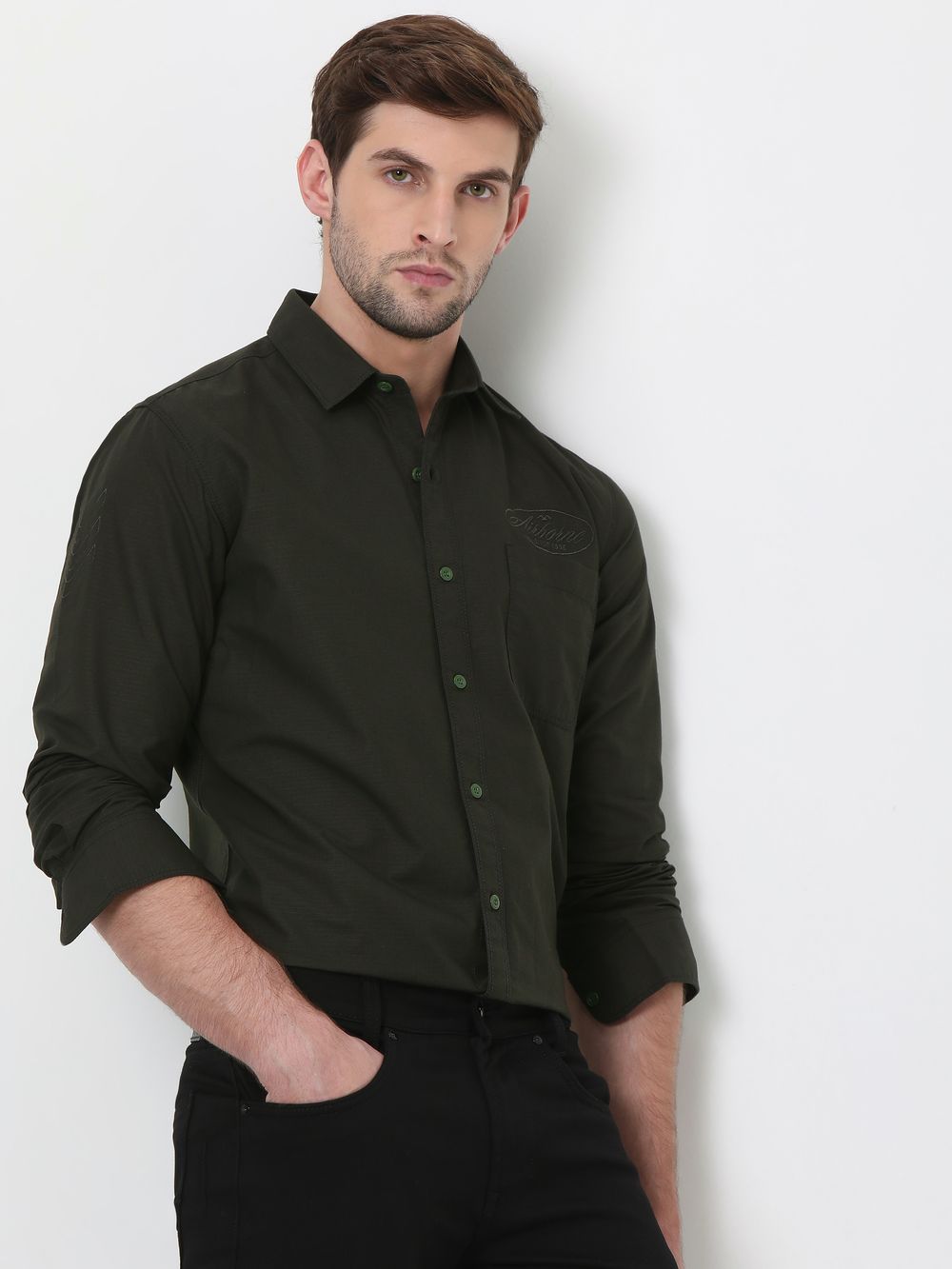 Olive Military Plain Slim Fit Casual Shirt