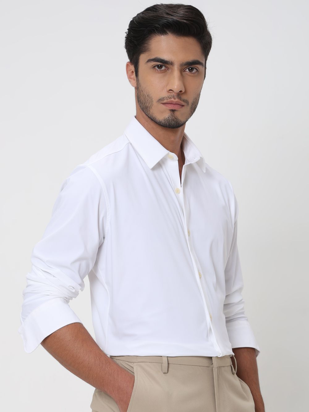 White Stretch Plain Slim Fit Casual Shirt