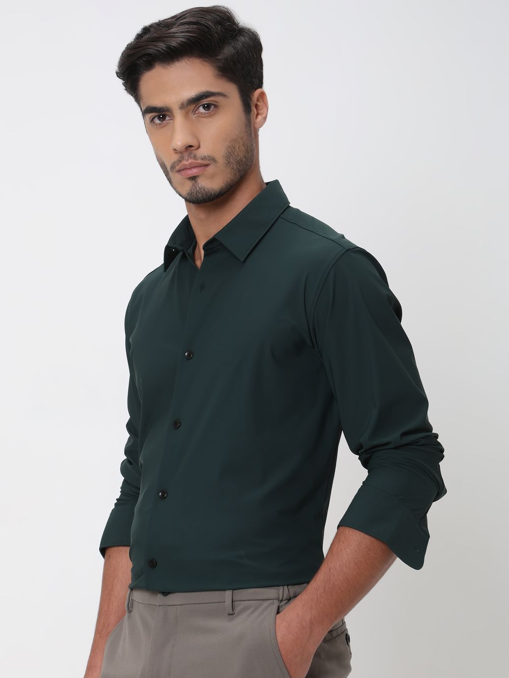 Green Stretch Plain Slim Fit Casual Shirt