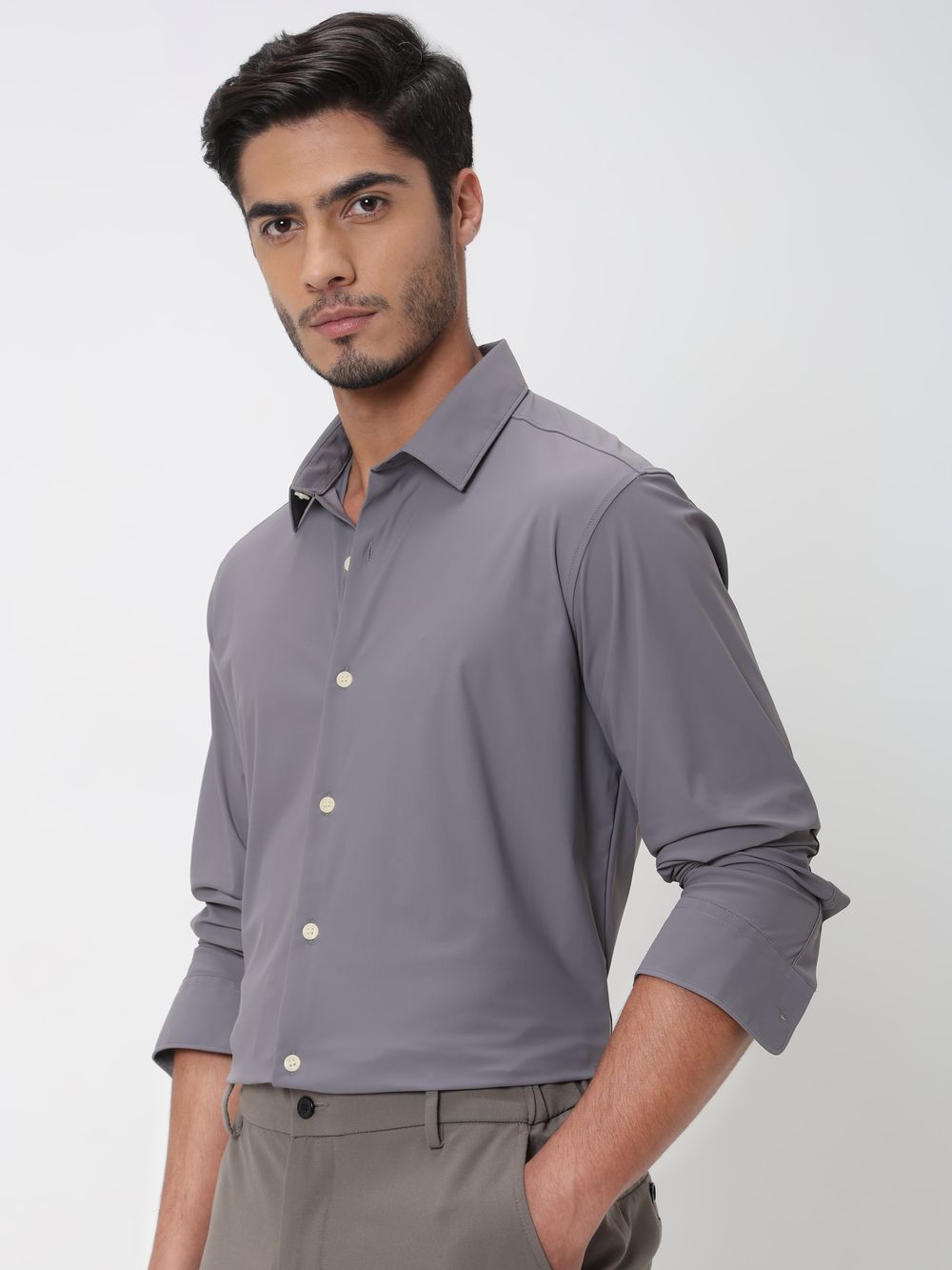 Grey Stretch Plain Slim Fit Casual Shirt