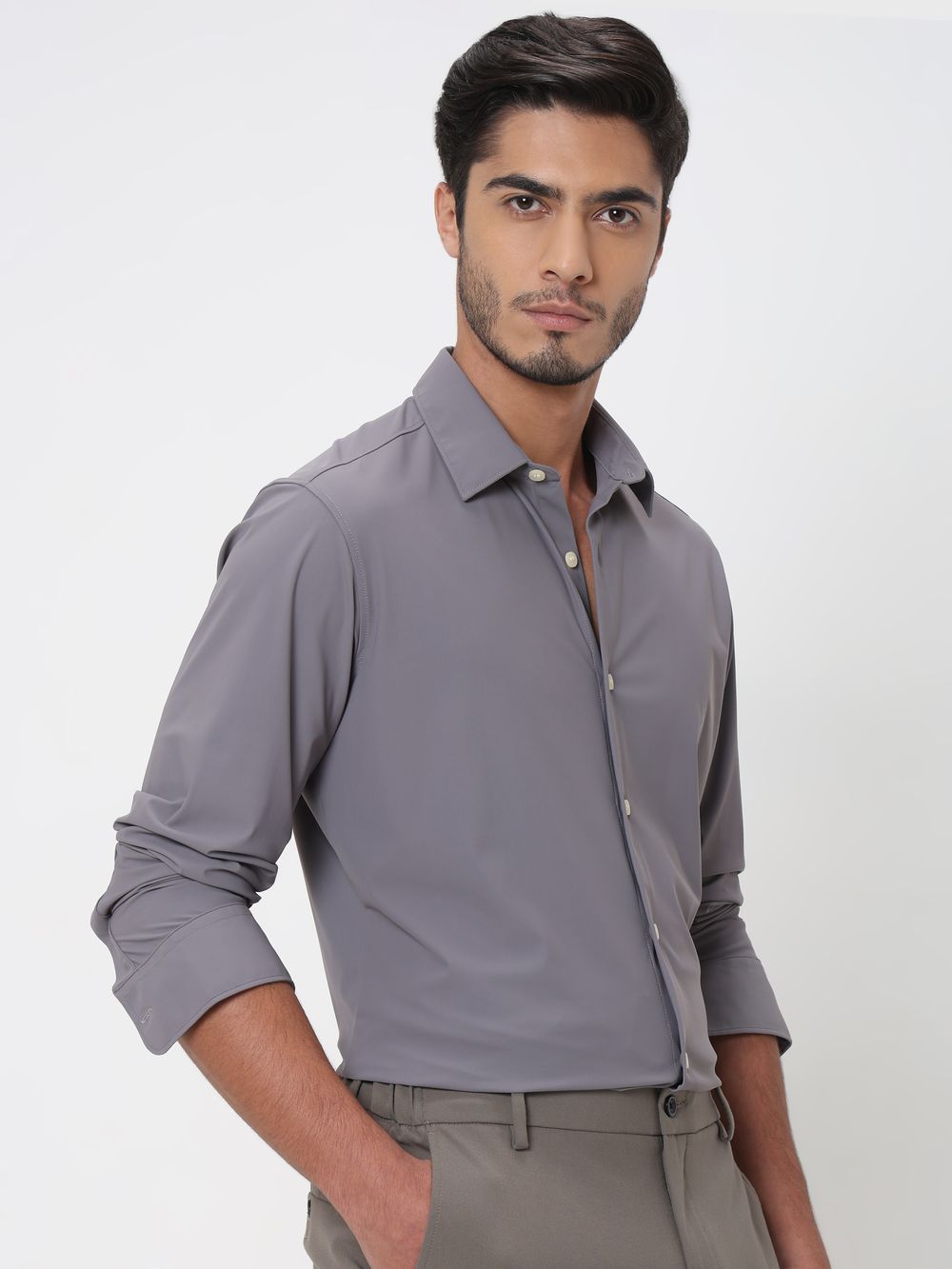 Grey Stretch Plain Slim Fit Casual Shirt