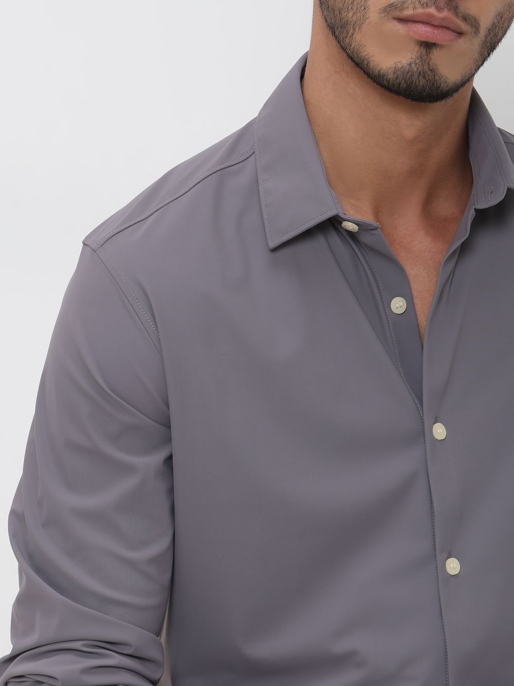 Grey Stretch Plain Slim Fit Casual Shirt