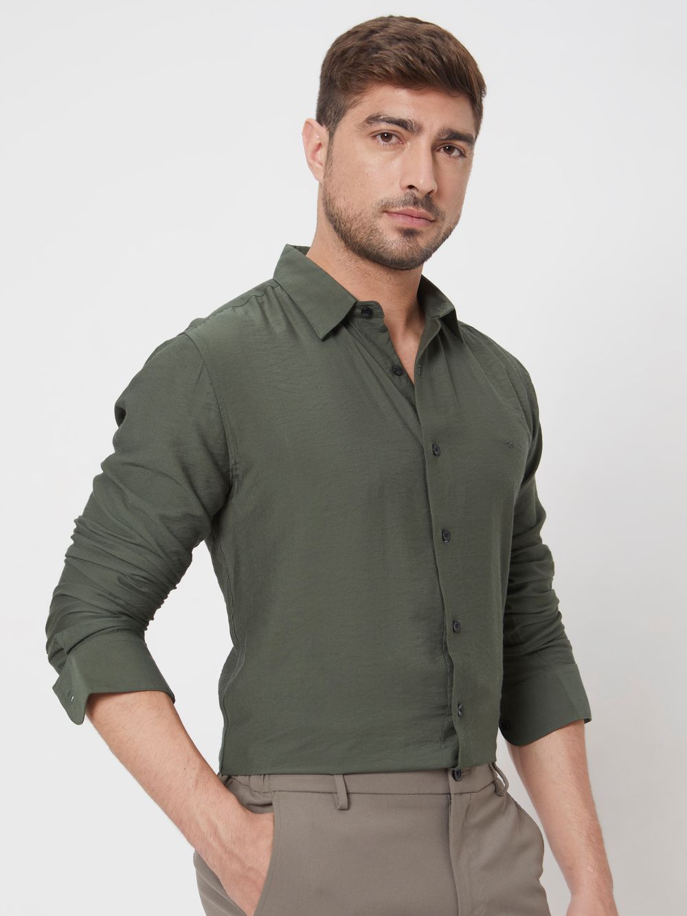 Olive Textured Plain Slim Fit Casual Shirt