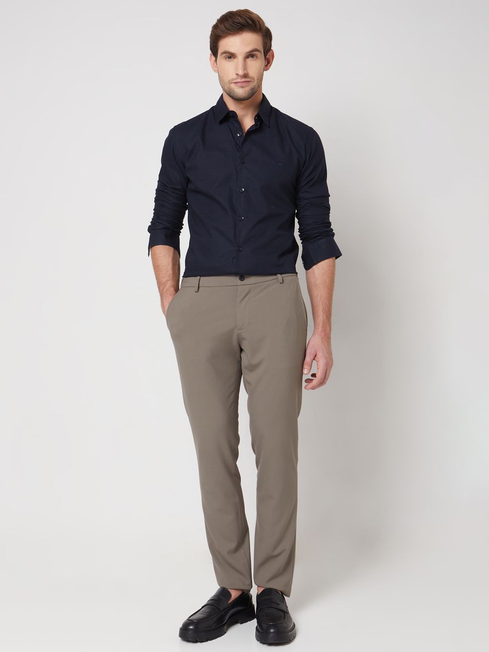 Navy Textured Plain Slim Fit Casual Shirt