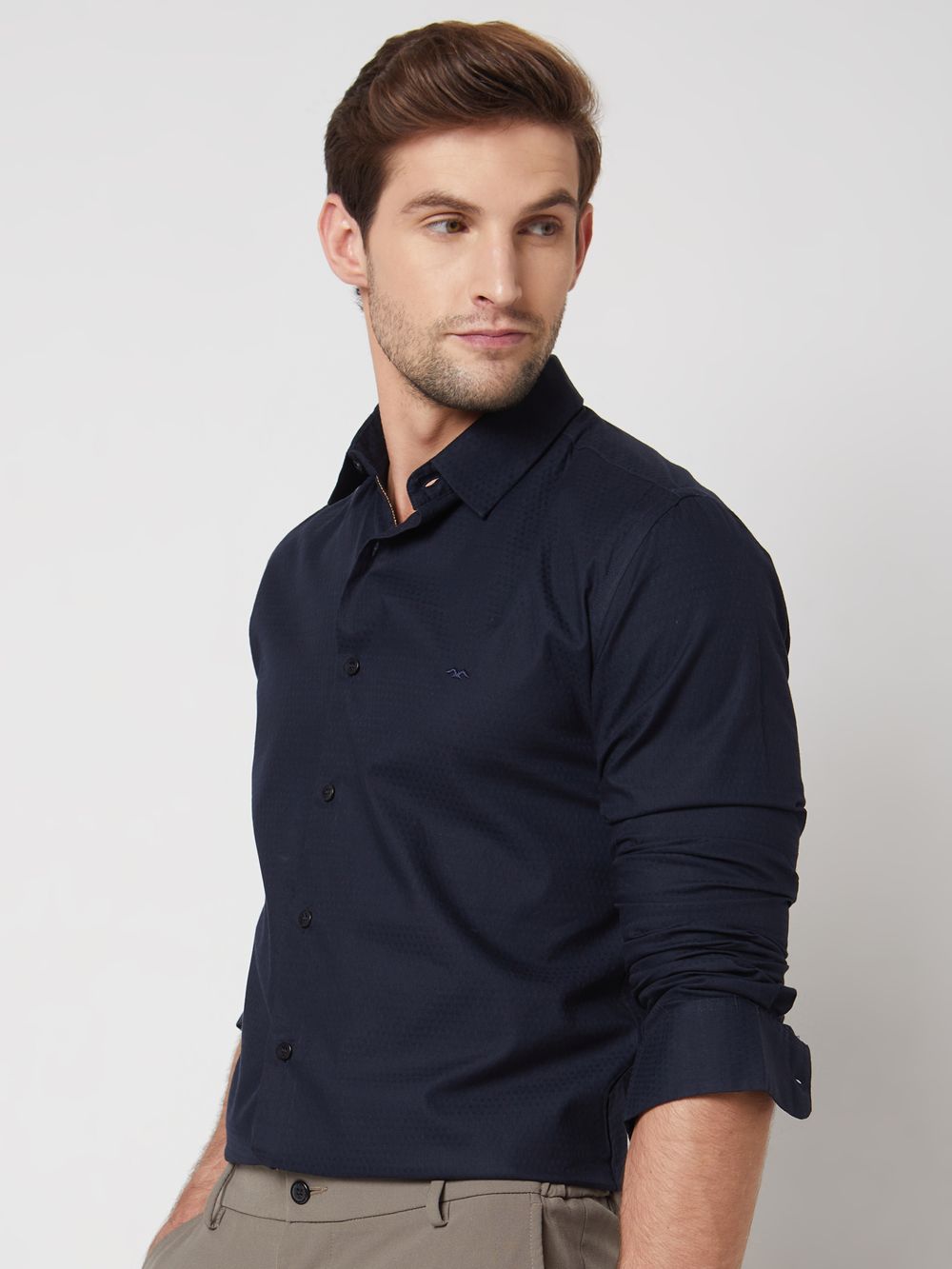 Navy Textured Plain Slim Fit Casual Shirt