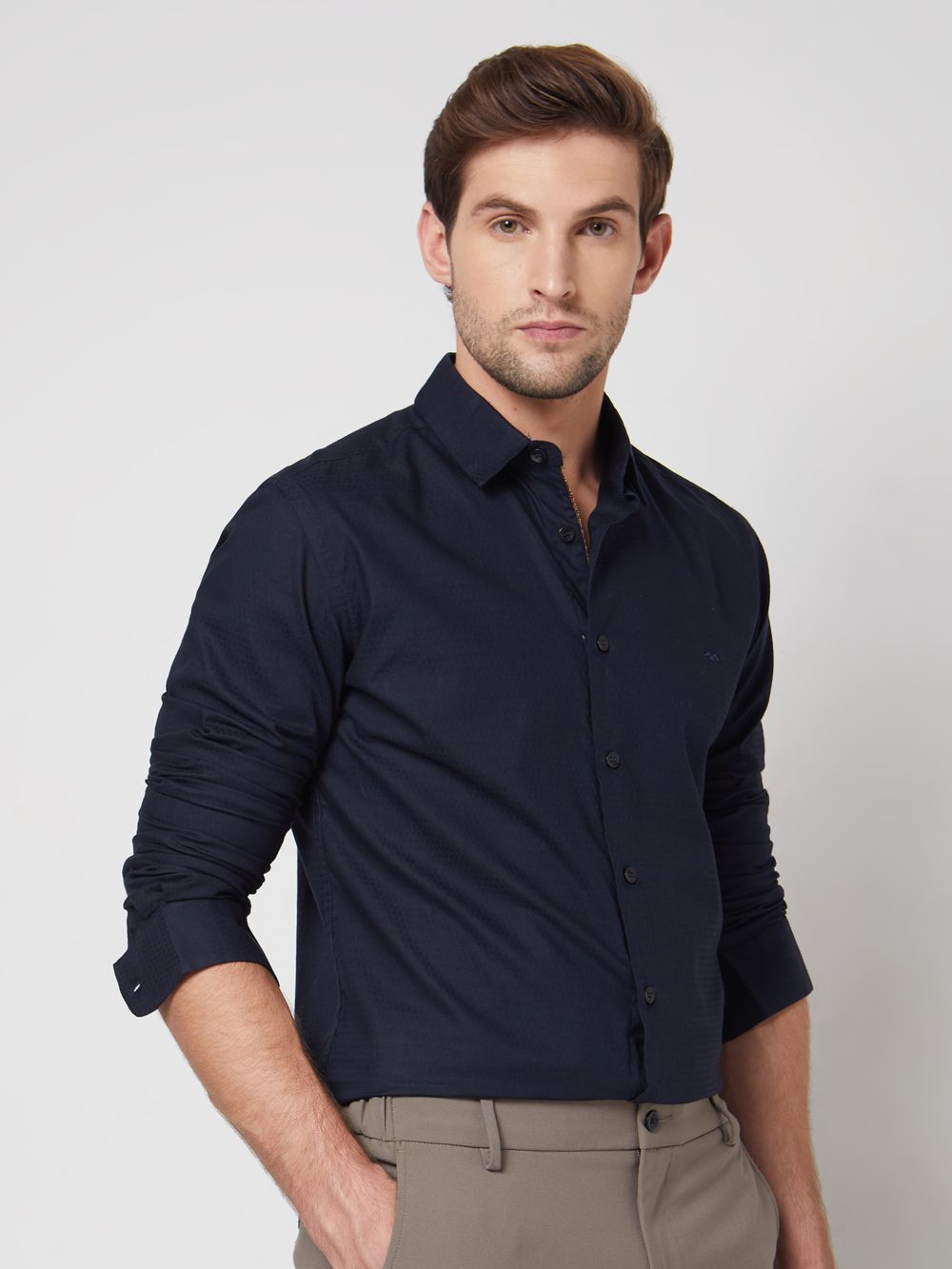 Navy Textured Plain Slim Fit Casual Shirt