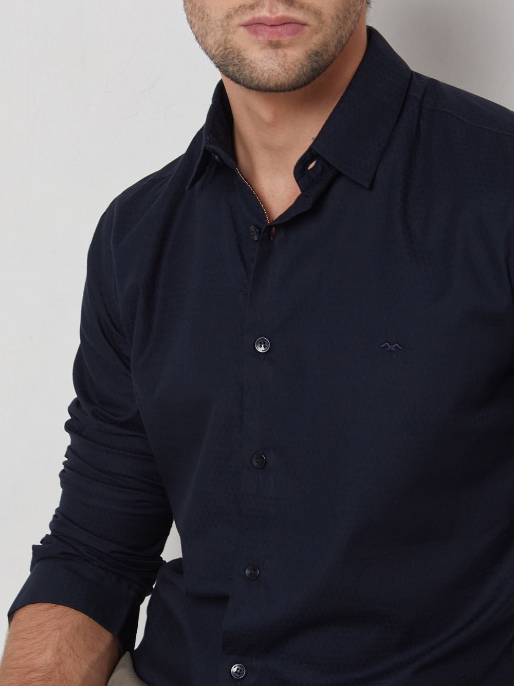 Navy Textured Plain Slim Fit Casual Shirt