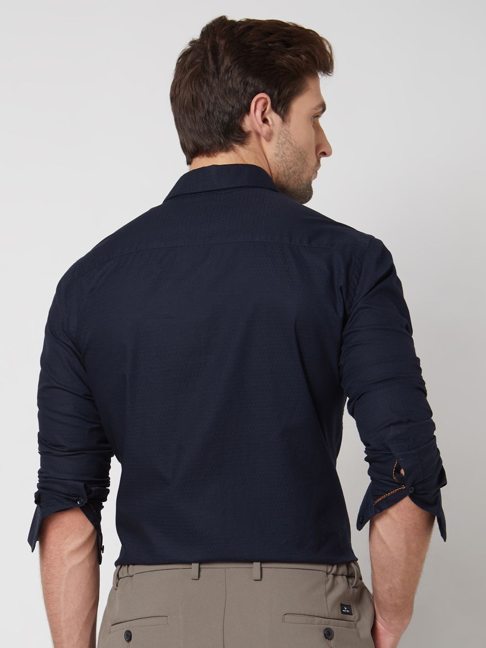 Navy Textured Plain Slim Fit Casual Shirt
