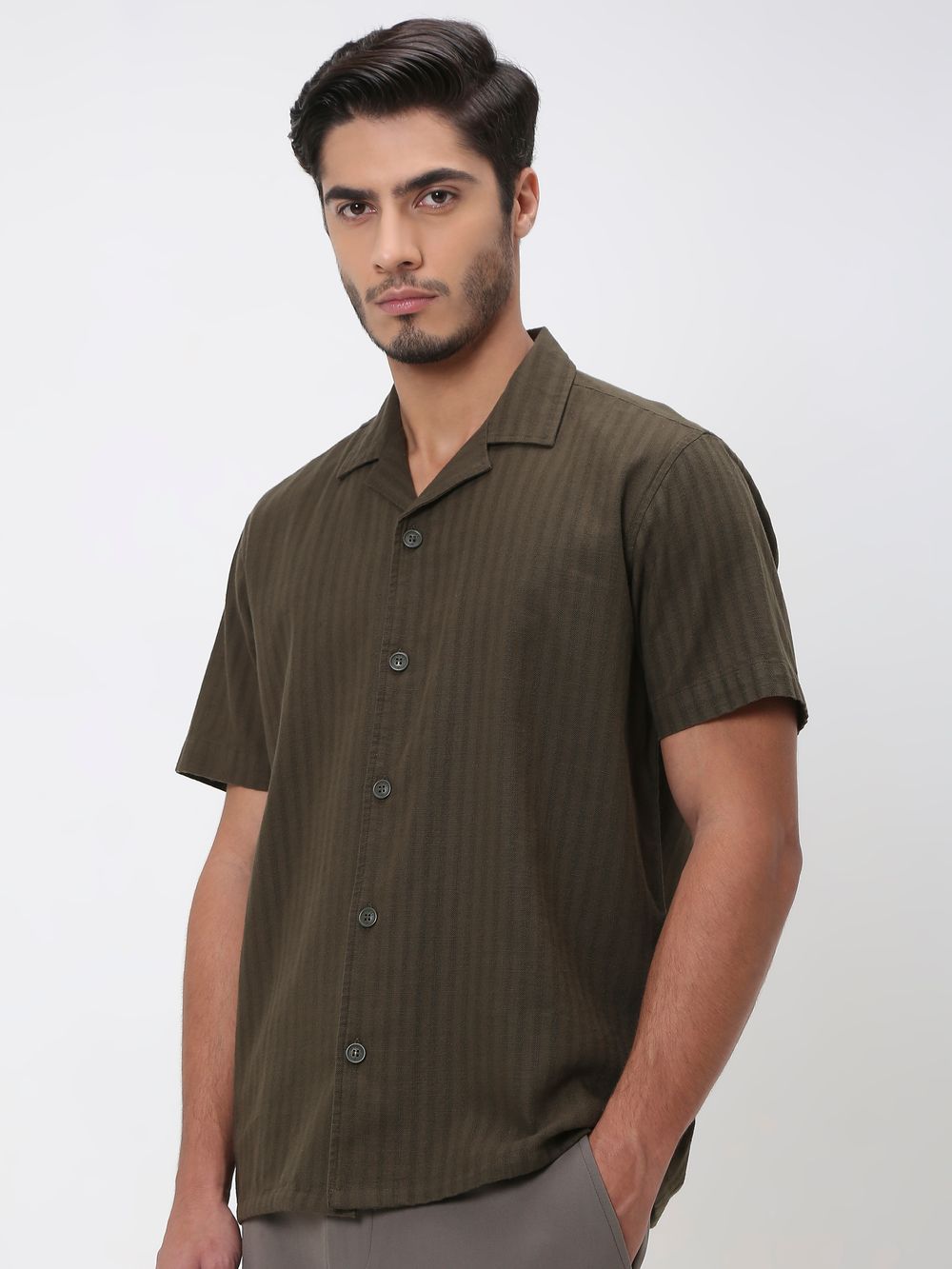 Olive Self-Stripe Plain Relaxed Fit Casual Shirt