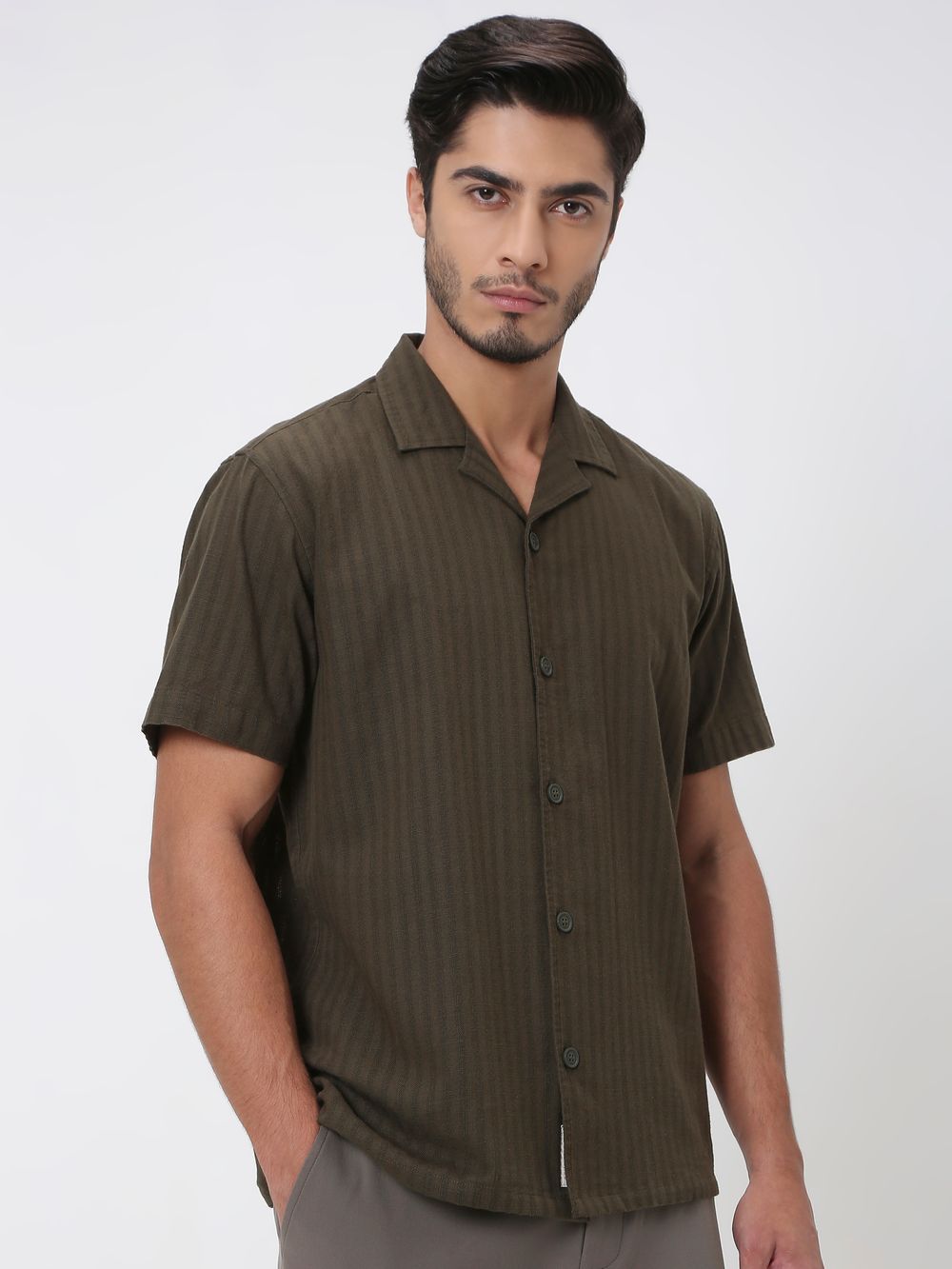 Olive Self-Stripe Plain Relaxed Fit Casual Shirt