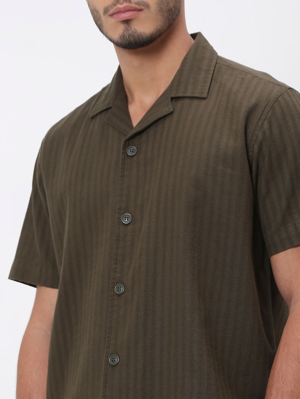 Olive Self-Stripe Plain Relaxed Fit Casual Shirt