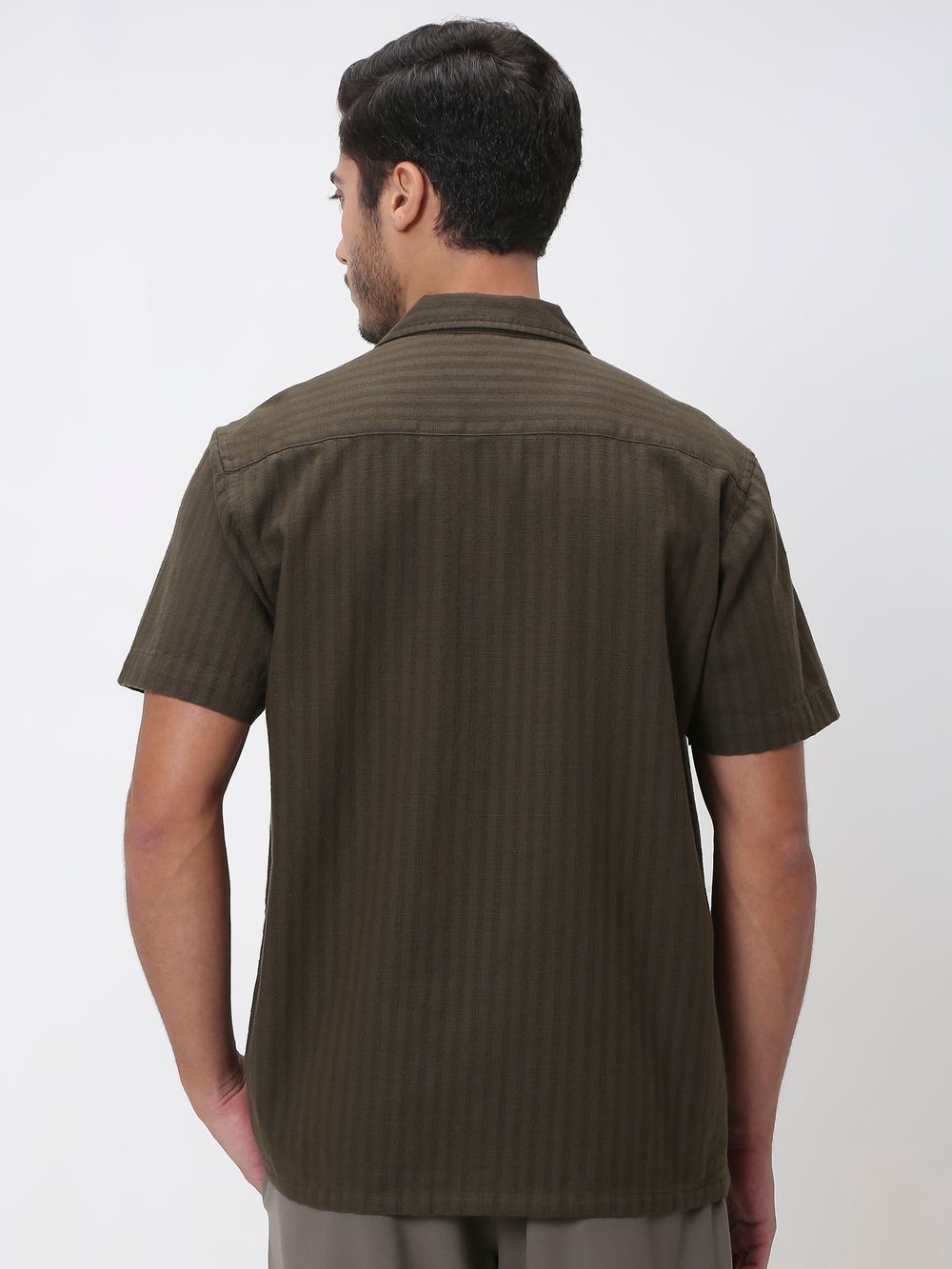 Olive Self-Stripe Plain Relaxed Fit Casual Shirt