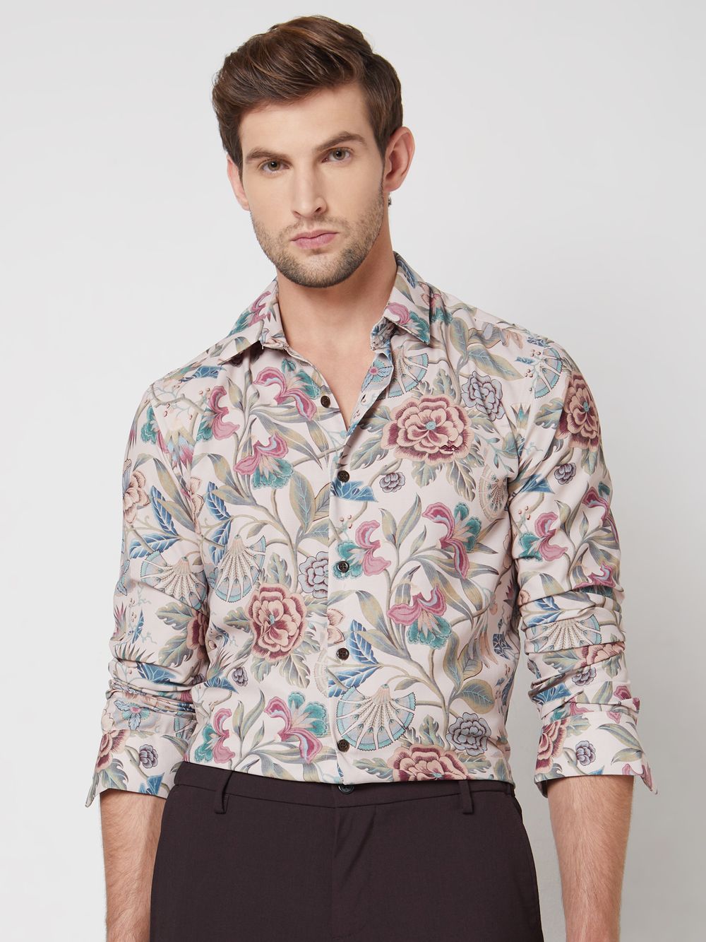 Light Khaki Floral Print Slim Fit Casual Shirt