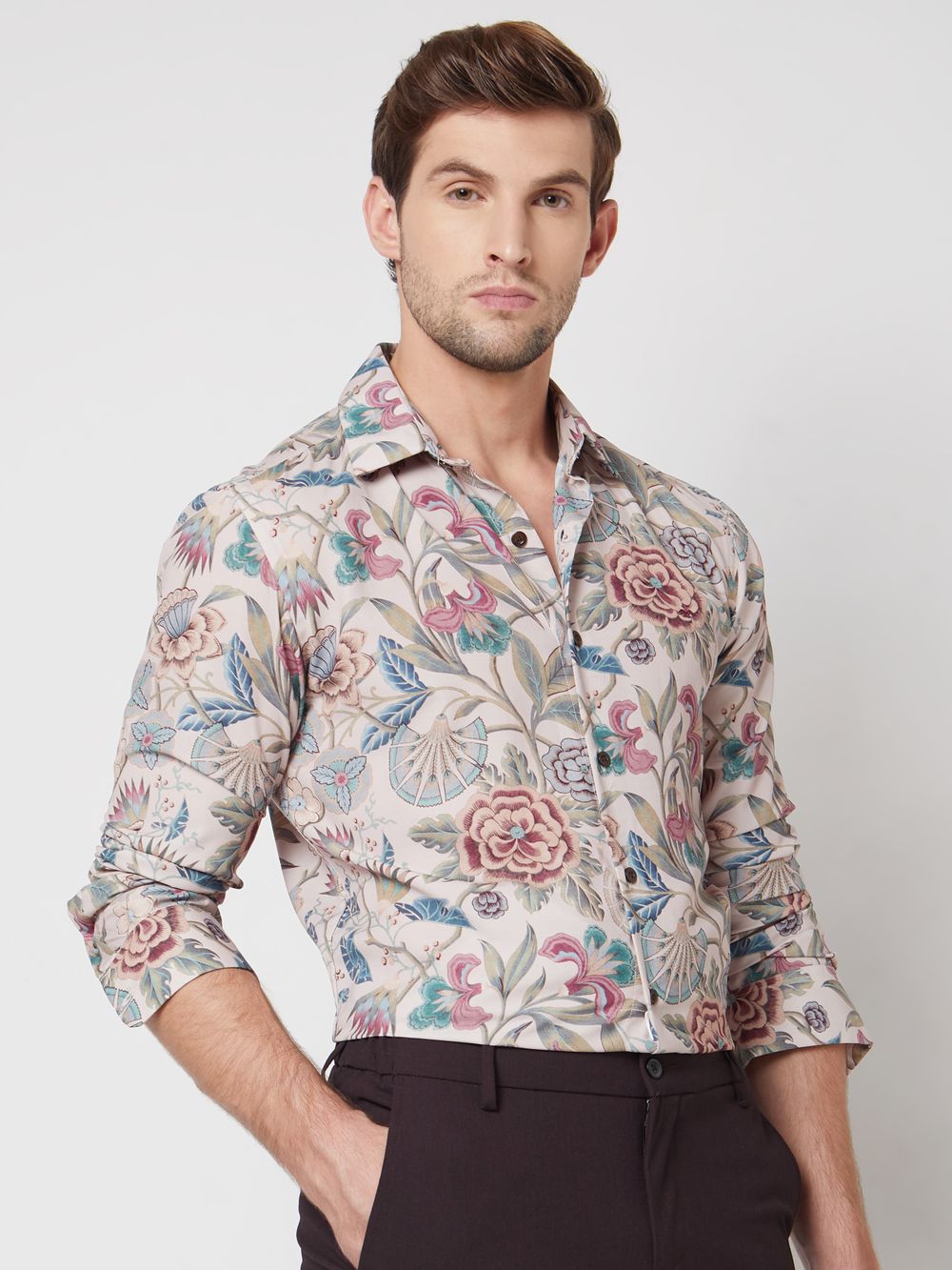 Light Khaki Floral Print Slim Fit Casual Shirt