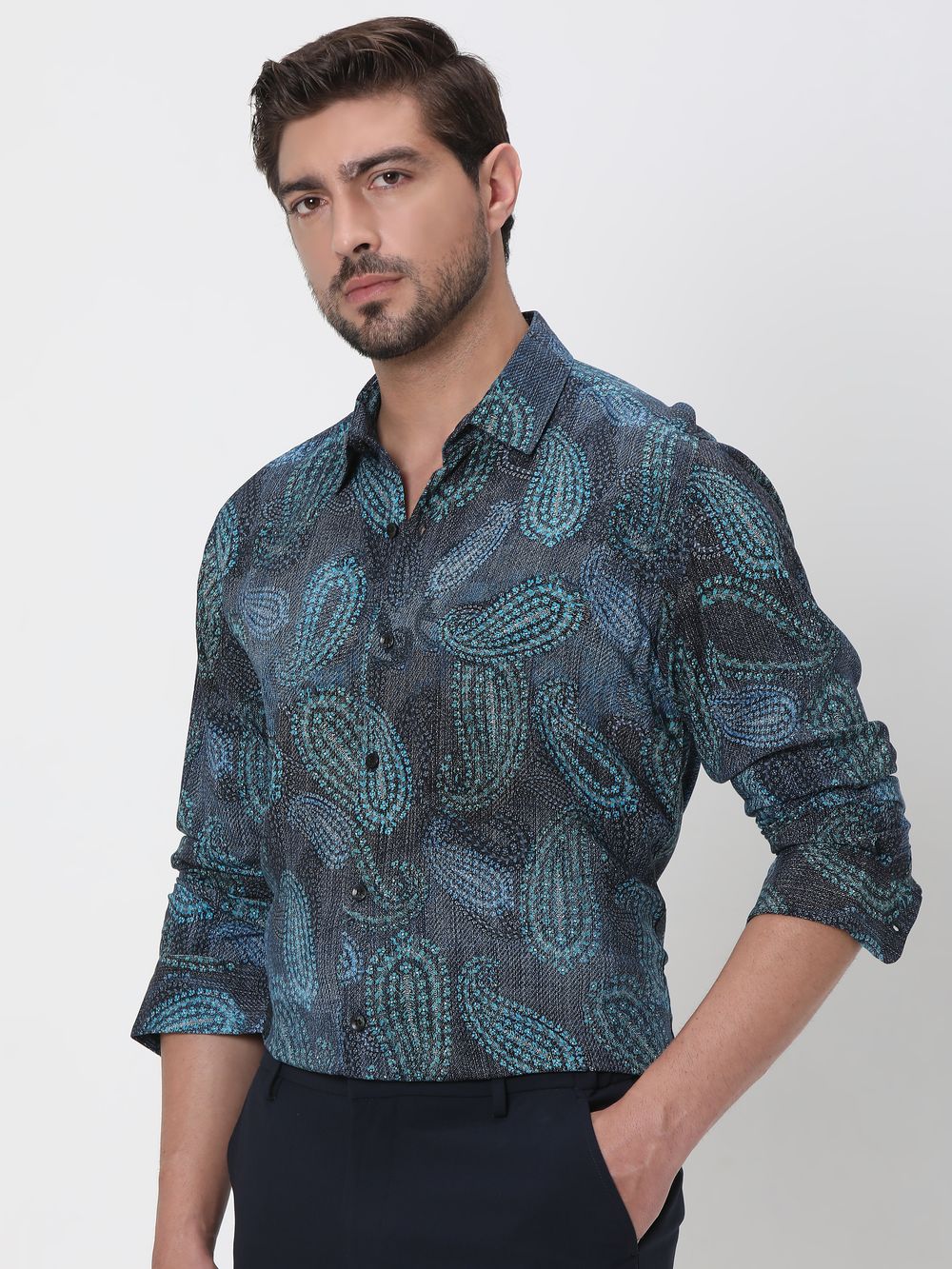 Blue Paisley Print Slim Fit Casual Shirt