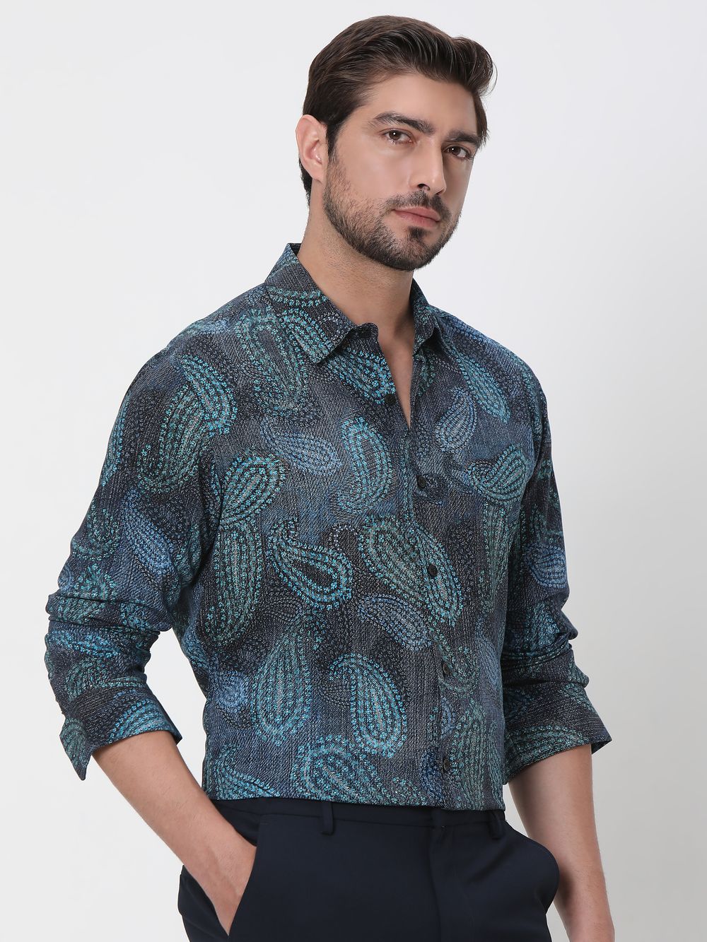 Blue Paisley Print Slim Fit Casual Shirt