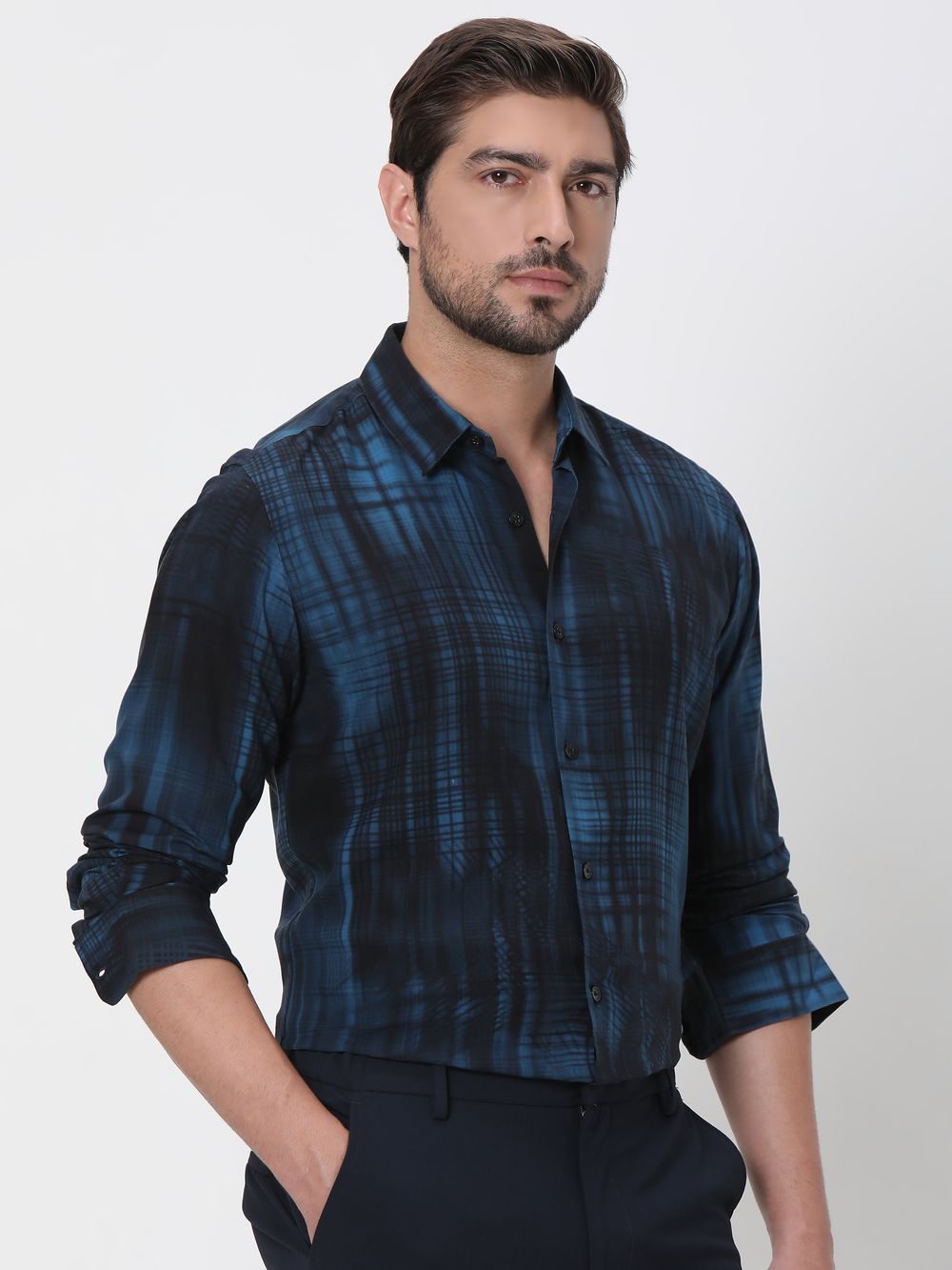 Blue Digital Print Slim Fit Casual Shirt