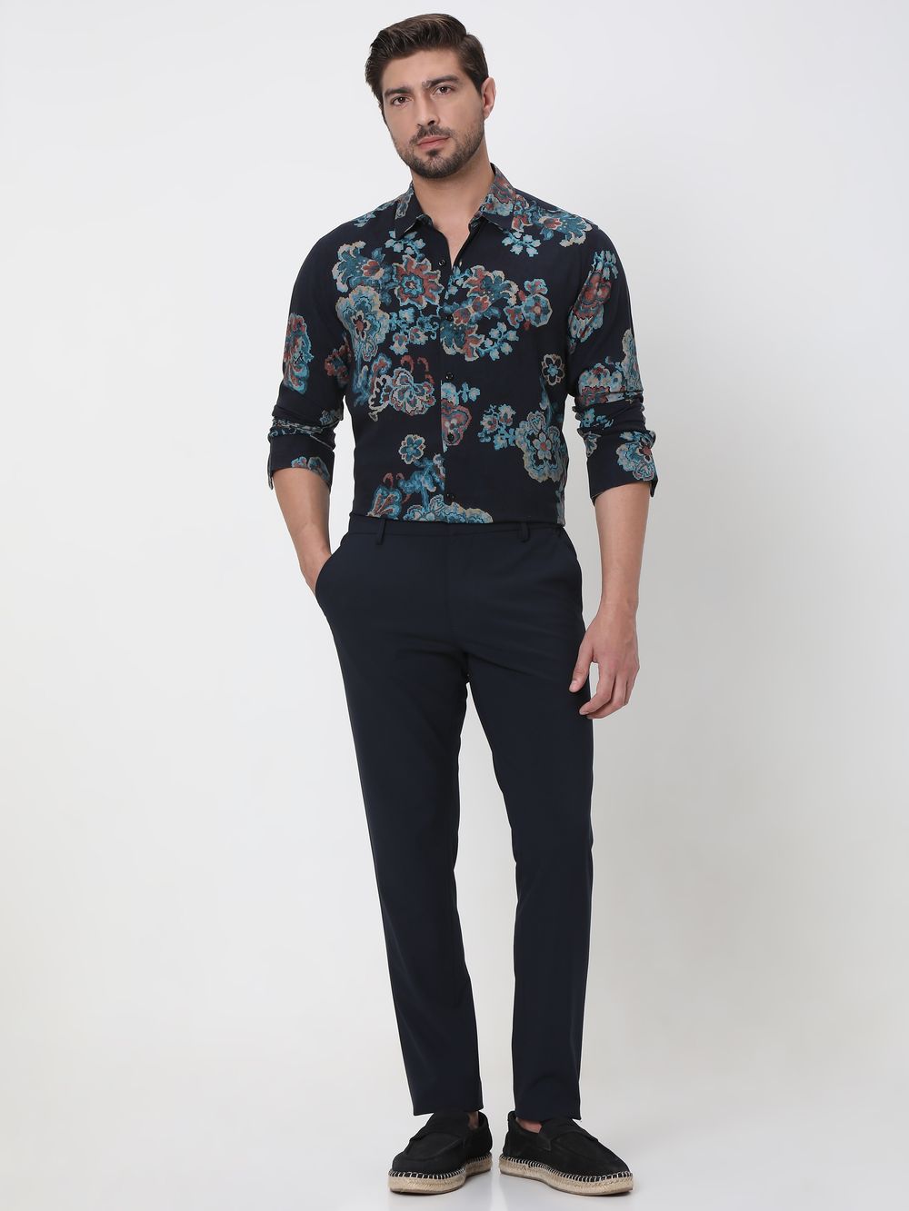 Navy Digital Print Slim Fit Casual Shirt