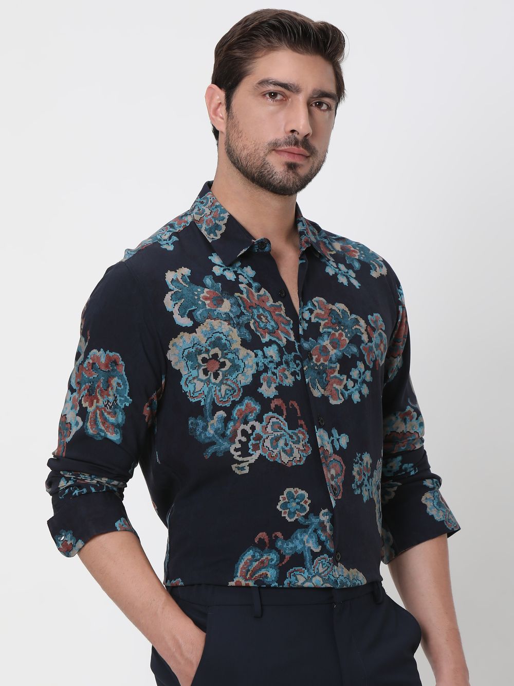 Navy Digital Print Slim Fit Casual Shirt