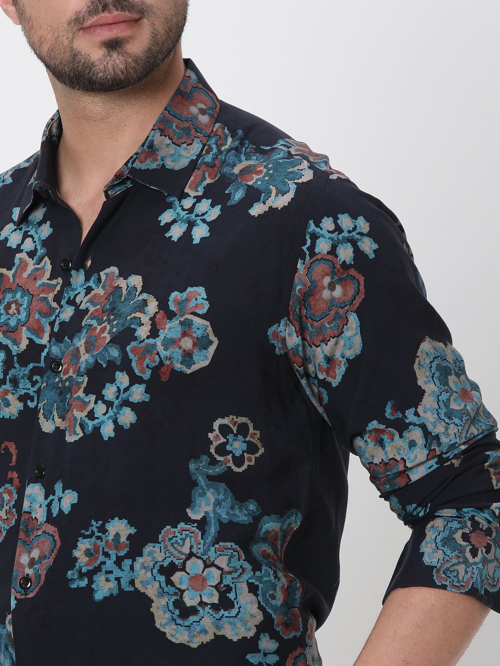 Navy Digital Print Slim Fit Casual Shirt