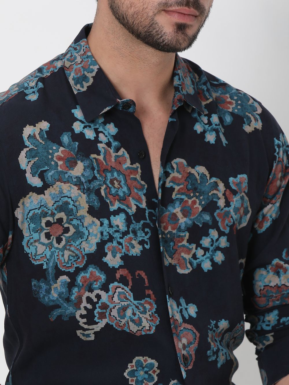 Navy Digital Print Slim Fit Casual Shirt