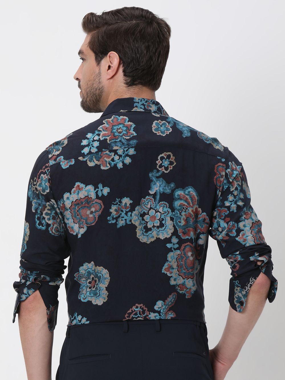 Navy Digital Print Slim Fit Casual Shirt