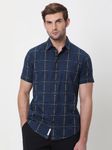 Navy Windowpane Check Slim Fit Casual Shirt