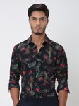 Navy Leaf Print Slim Fit Casual Shirt