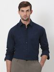 Navy Cotton Linen Plain Slim Fit Casual Shirt