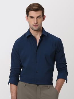 Navy Stretch Plain Slim Fit Casual Shirt
