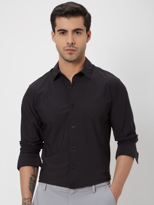 Black Knitted Plain Stretch Shirt