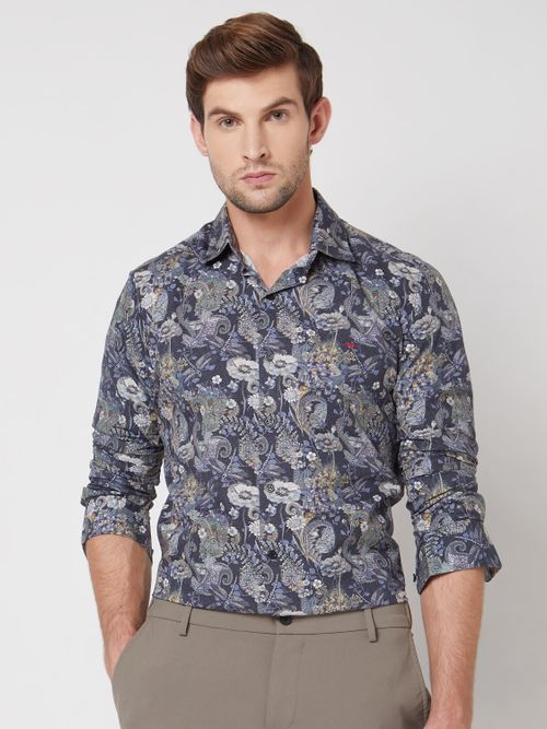 Navy Digital Print Slim Fit Casual Shirt