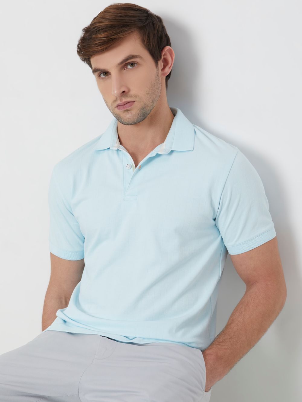 Light Blue Textured Plain Slim Fit Polo T-Shirt