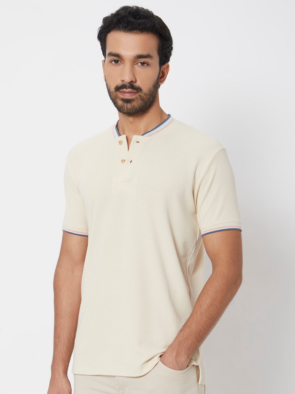 Off White Textured Tipped Collar Slim Fit Henley T-Shirt