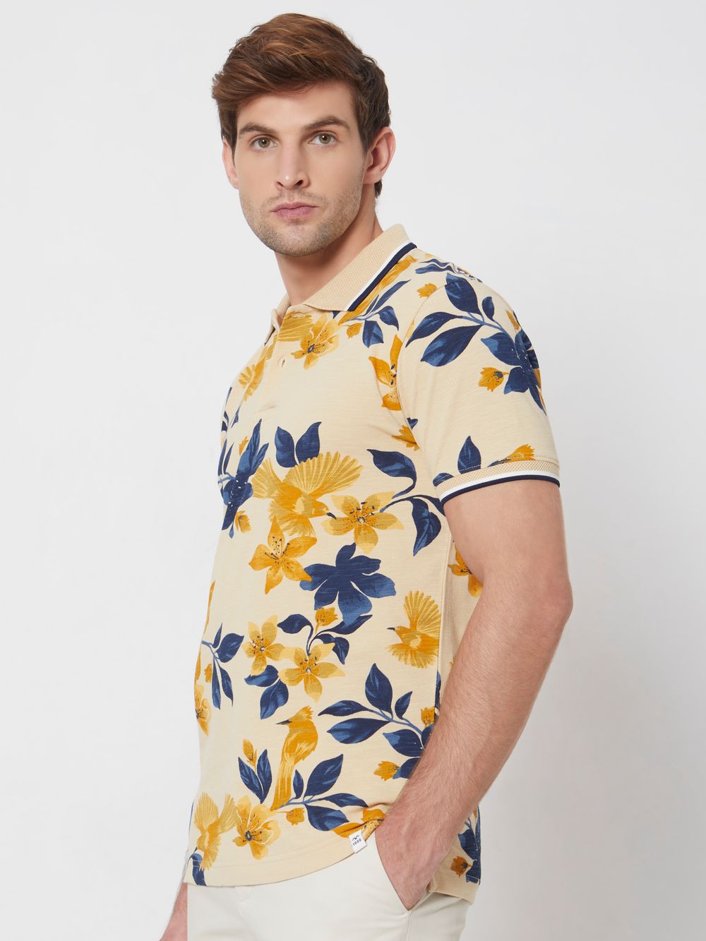 Beige Floral Print Slim Fit Casual Polo