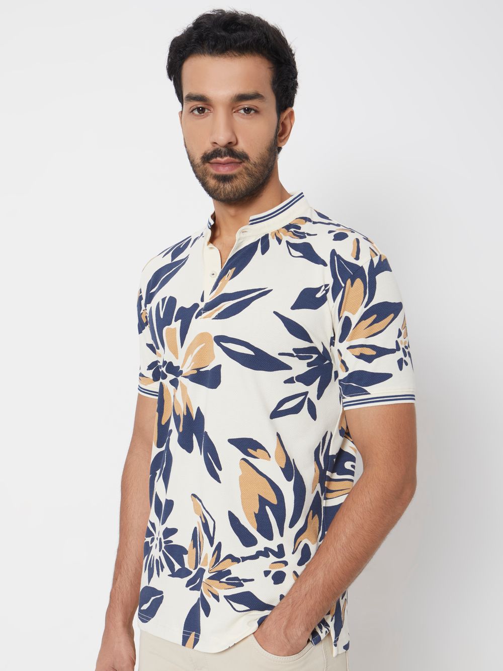 Off White Floral Print Slim Fit Henley T-Shirt
