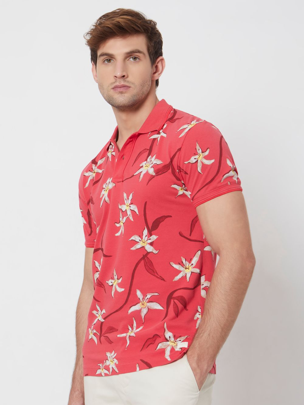 Pink Floral Print Slim Fit Casual Polo