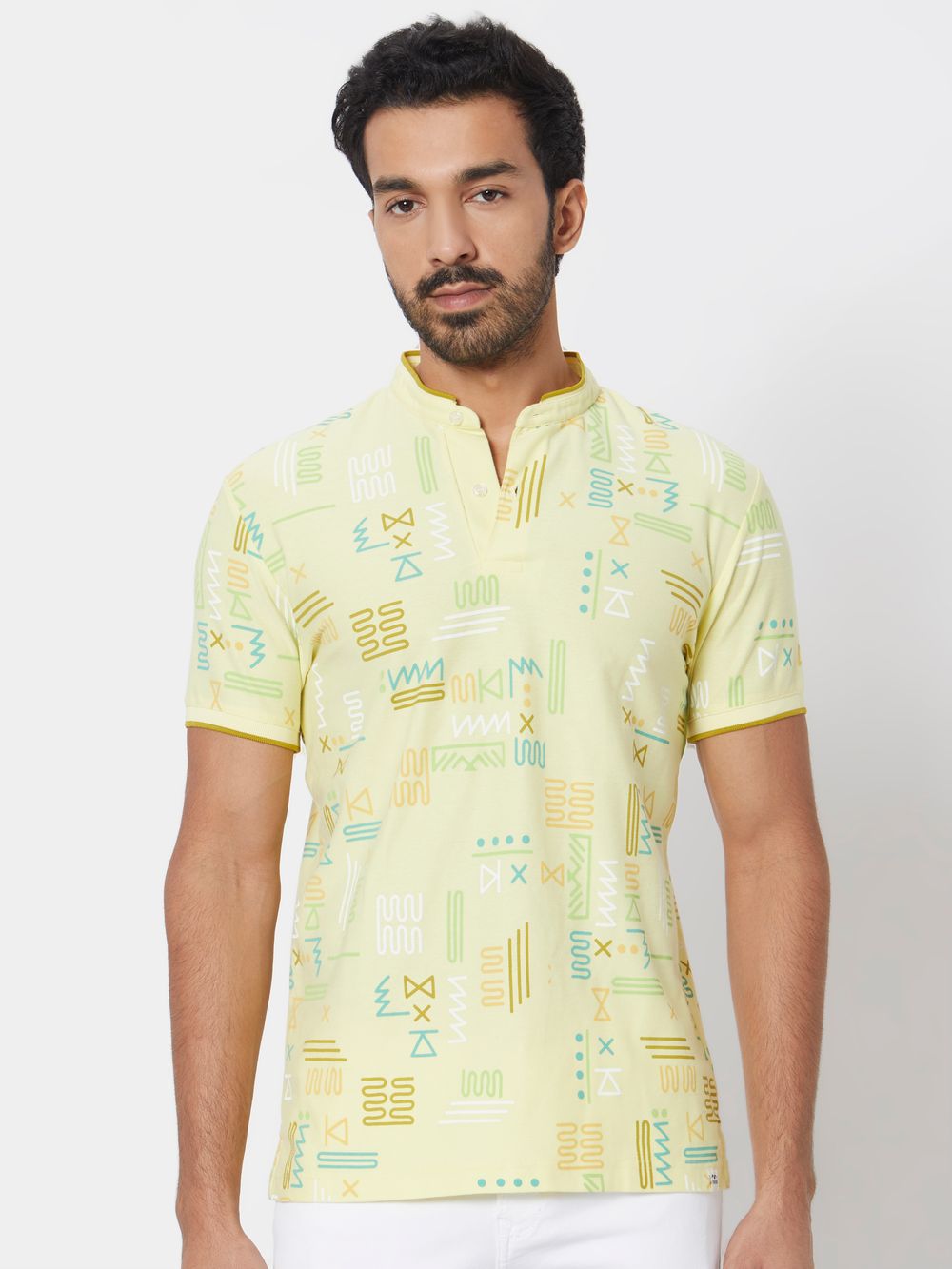 Yellow Abstract Print Slim Fit Henley T-Shirt