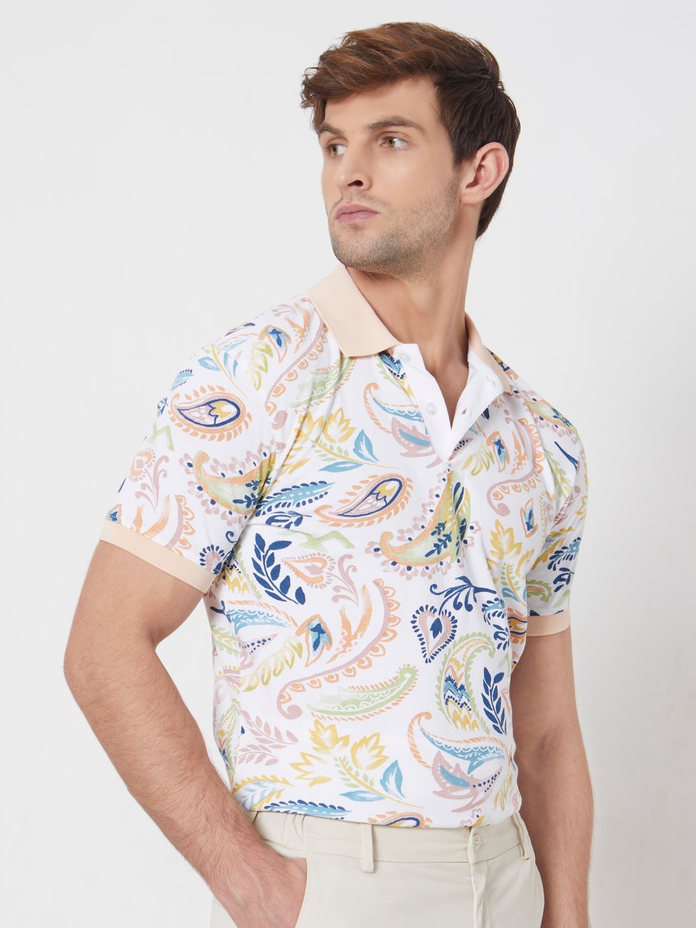Off White Paisley Print Slim Fit Casual Polo