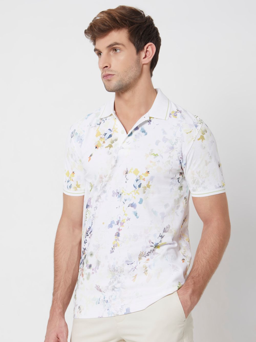 Off White Floral Print Slim Fit Casual Polo