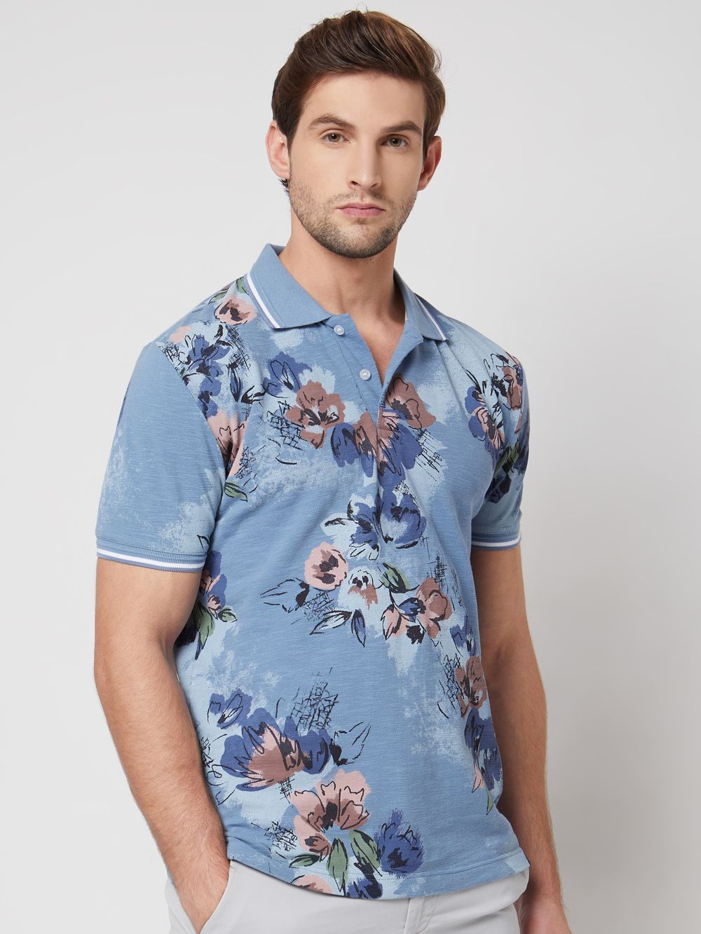 Blue Floral Print Slim Fit Casual Polo