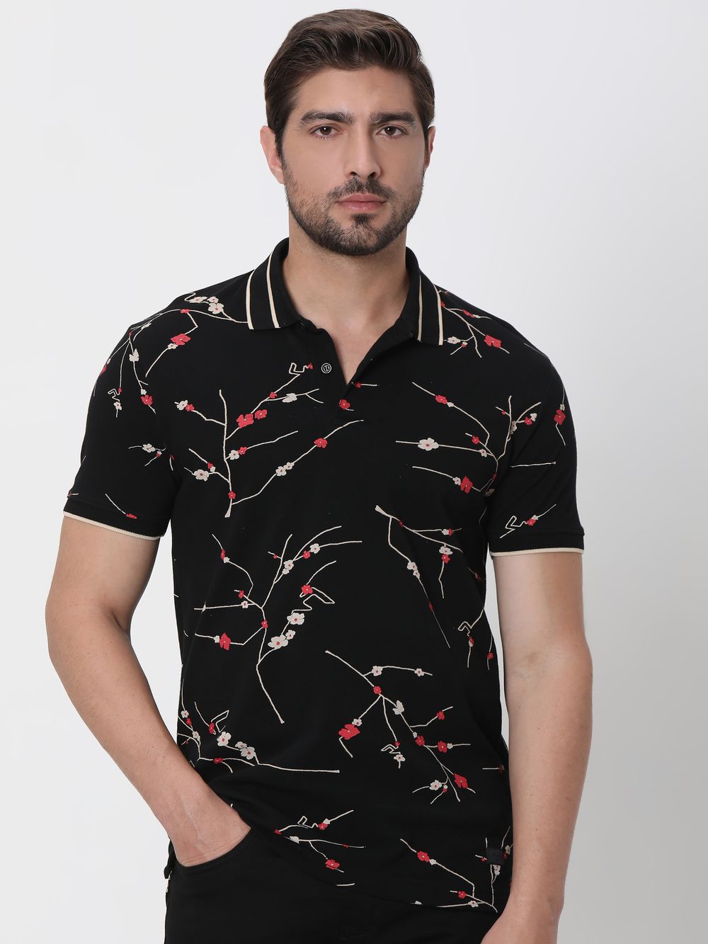 Buy Black Floral Print Slim Fit Polo Online at Muftijeans