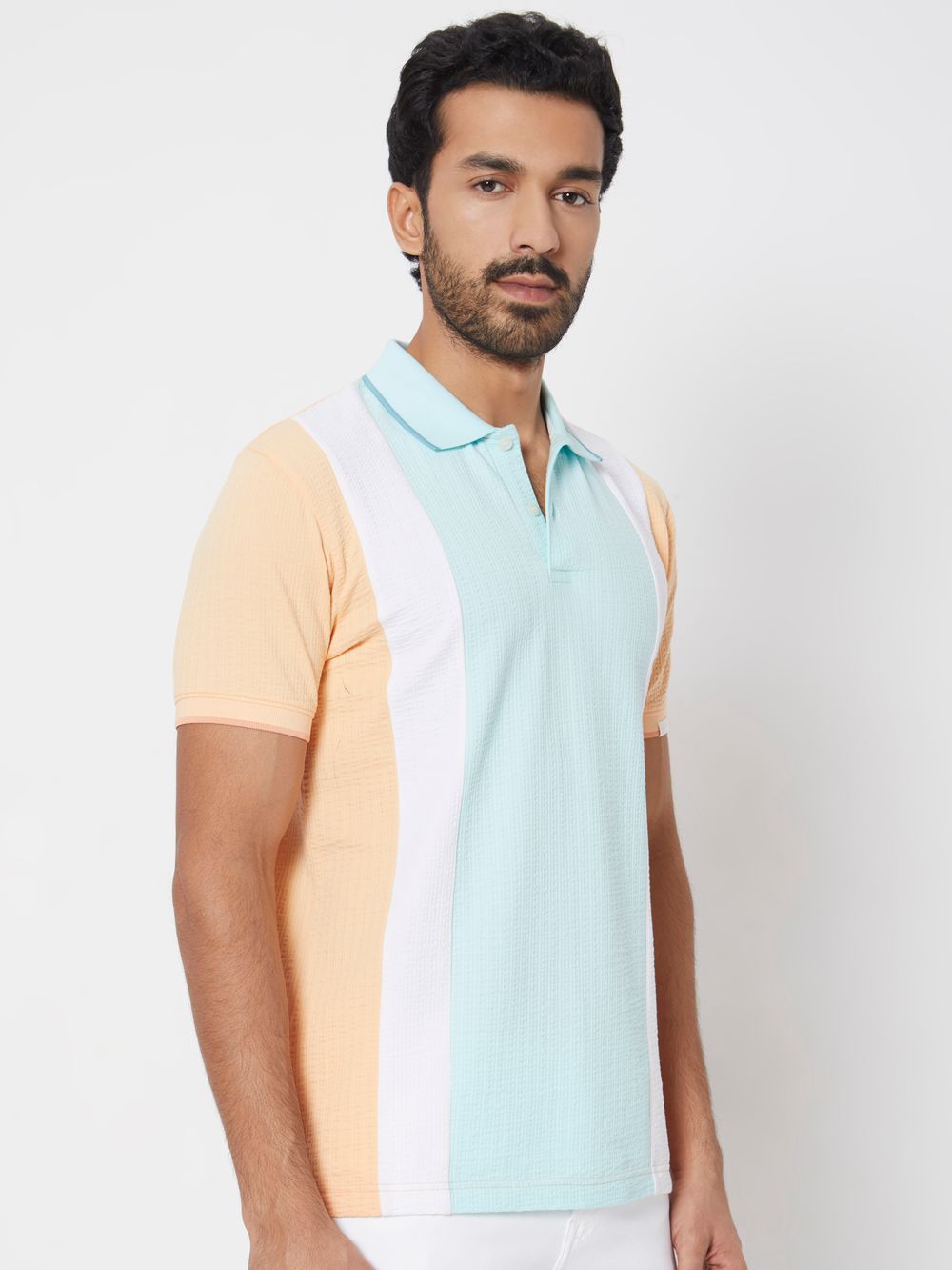 Peach Cut & Sew Stripe Slim Fit Polo T-Shirt