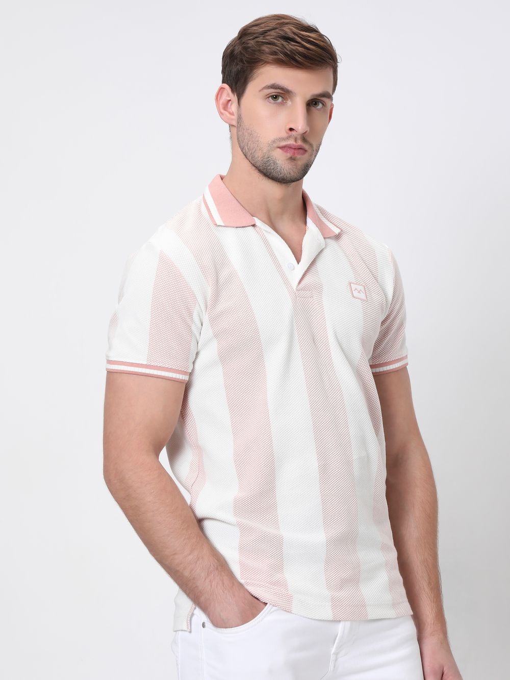 Peach Textured Stripe Slim Fit Polo T-Shirt