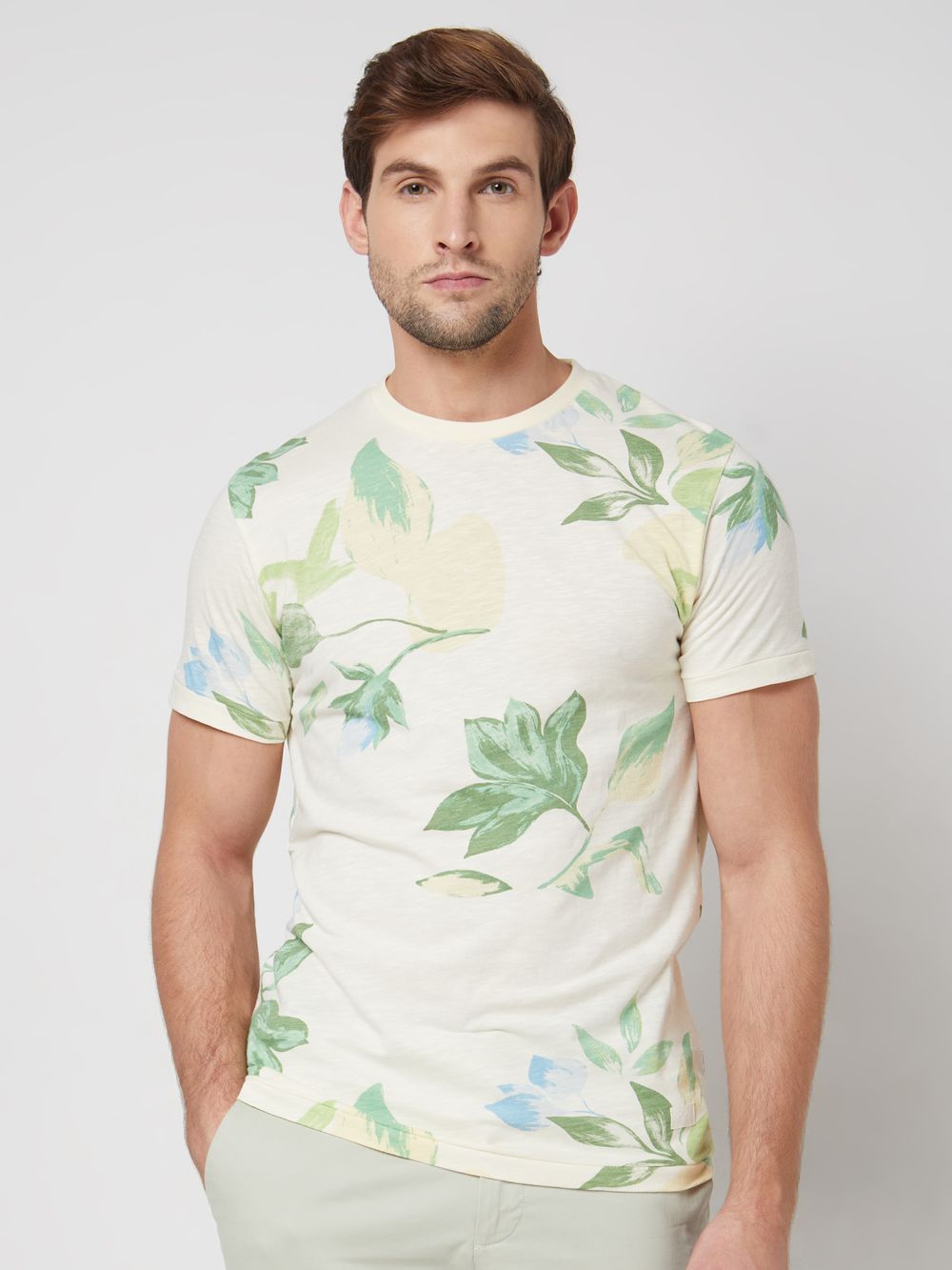 Off White Floral Print Slim Fit Casual T-Shirt